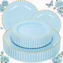 ejonirinjonir EI 60pcs Blue Plastic Plates,Dispoable Heavy Duty Plastic Plates with Gold Rim,Baby Blue 10" Dinner & 7" Dessert Plate,Fancy Elegant Plate for Party,Birthday,Afternoon Tea