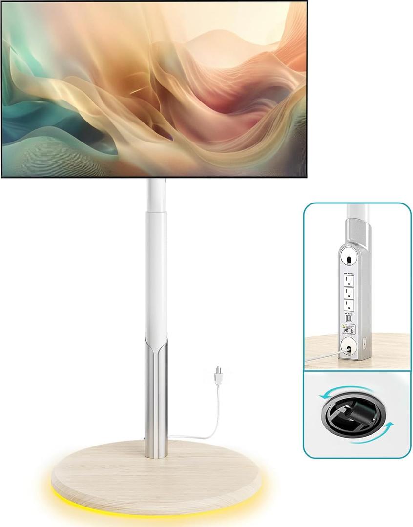 Floor Mobile TV Stand with Power Outlet, Rolling TV Cart for 27-65 Inch OLED LED Monitors, 6 Levels of Height Adjustment, Ambient Lighting on The Bottom Wheels Holds up to 88lbs, 400x400mm (Grain)