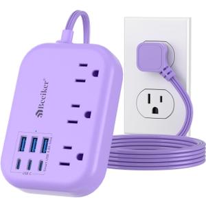 6 USB(3 USB C) Purple Travel Power Strip- 5Ft Purple Extension Cord with USB Charging Station 24W and 3 Outlets, Pink Desk Accessories for Cruise Travel Cute Kawaii Lavender Home Office Dorm Room