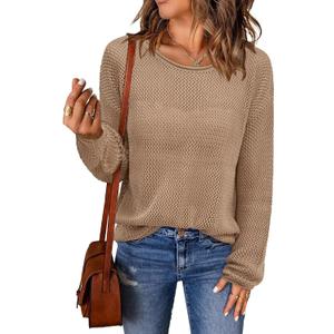 Arach&Cloz 2025 Womens Crochet Tops Wool Blended Sweaters Lightweight Long Sleeve Crew Neck Spring Fashion Knit Outfits (Brown, XL)