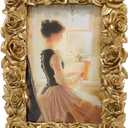 1PCS 3.9x5.8 Vintage Gold Picture Frame Rose Flower Leaf Glass Front Resin Photo Frame for Tabletop Wall Hanging Display (Golden)