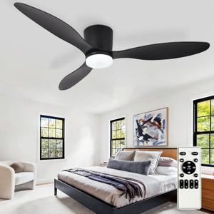 Depuley Flush Mount Ceiling Fan: 52-Inch Black Ceiling Fans with Lights for Bedroom Indoor Outdoor - Low Profile Ceiling Fans with Remote Control 24W 3CCT Dimmable 3 Reversible Black Blades 6 Speeds