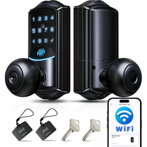 Veise VE028 Built-in Wi-Fi Smart Lock with Knob, Fingerprint Keyless Entry with Handle, App Remote & Voice Control, Electronic Digital Keypad for Front Door and Bedroom, IP65 Waterproof, Matte Black