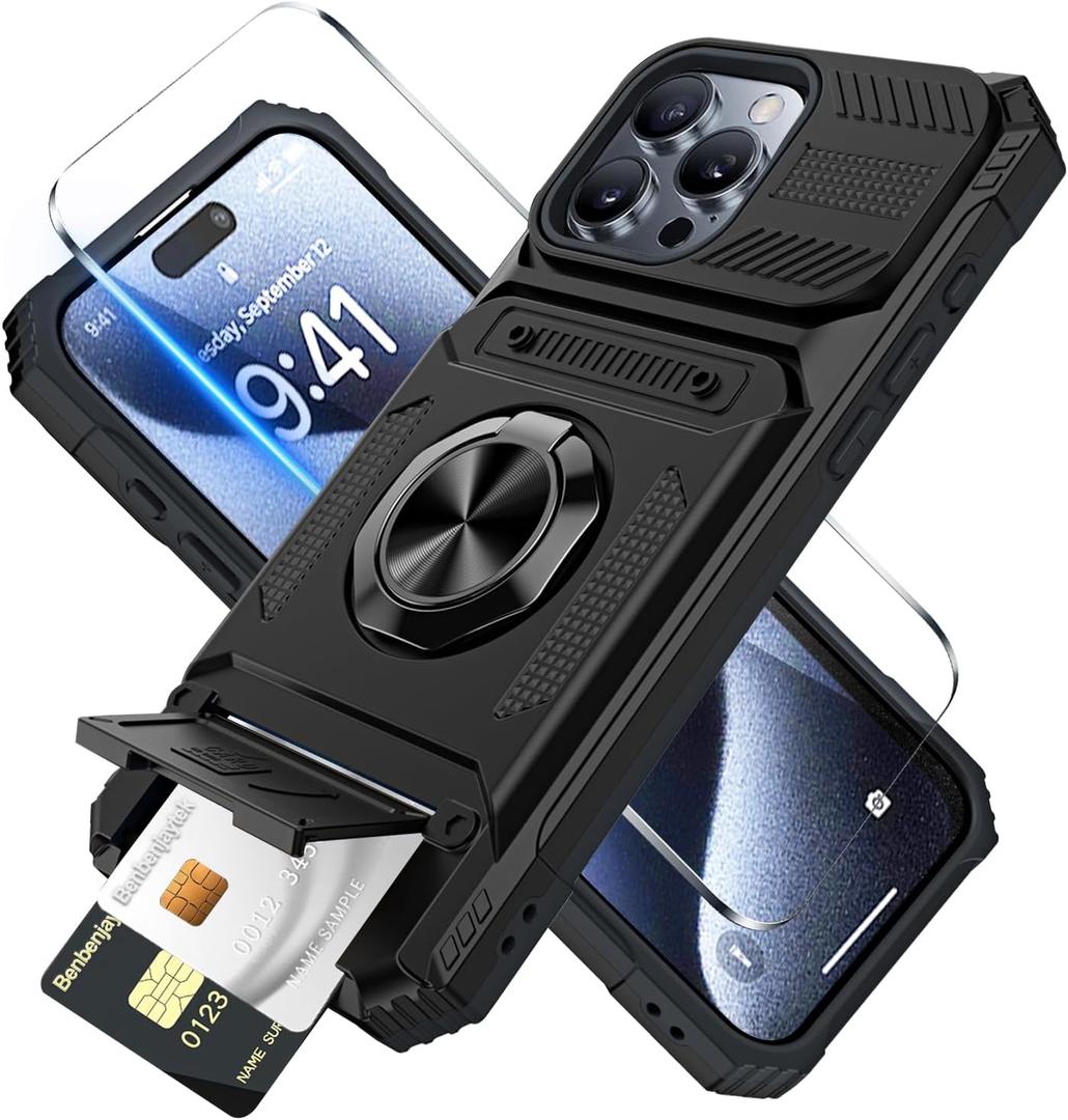 for iPhone 15 Pro Wallet Case with Card Holder + 1 Screen Protector, (2 Cards) & 360Ring Kickstand Military Grade Drop Shockproof Rugged Case for iPhone 15 Pro 6.1" (Black)