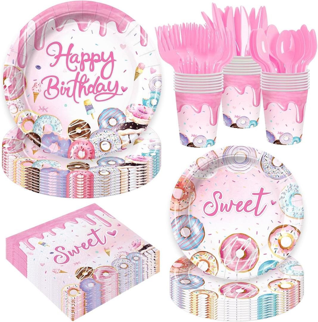 Donut Theme Birthday Party Supplies for Girls 1st 2nd 3rd Birthday Disposable Tableware Set Plates Napkins Cups Cutlery Serves 24 Guests