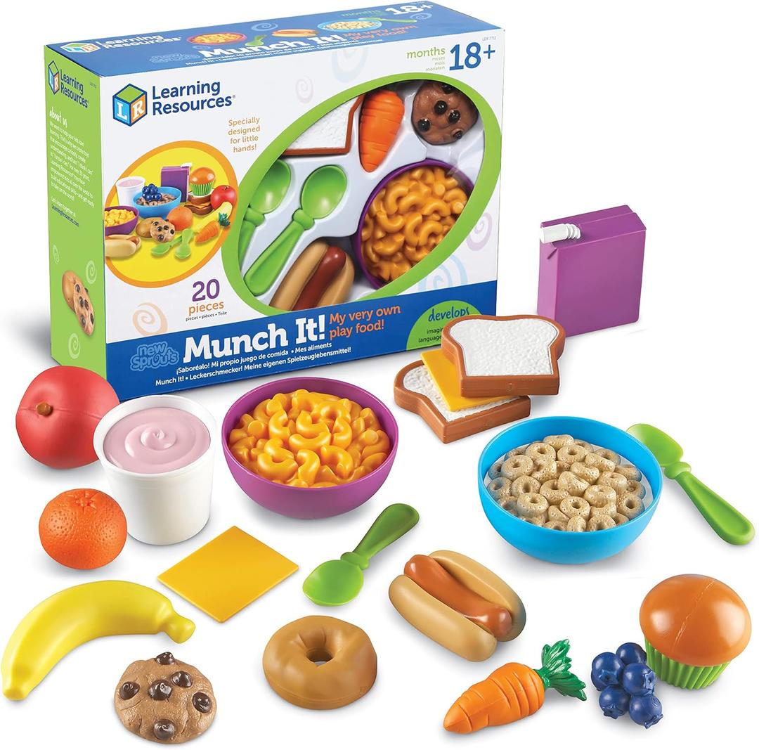 Learning Resources New Sprouts Munch It! Food Set - Food Kitchen Accessories, Pretend Toys, Toddler Picnic Table Games, Kitchen Set, Grocery Fine Motor Skills, Montessori Cooking