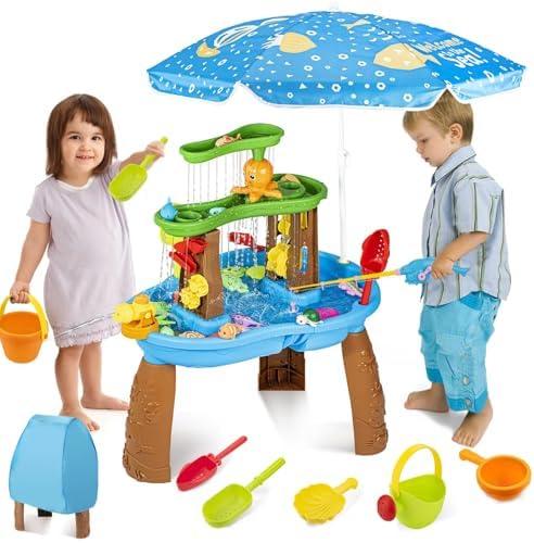 VROGTIK Water Table for Toddlers 3-5 with Umbrella Outdoor Toys for Kids Ages 4-8 3-Tier Kids Sand Water Table with Fishing Game Set Activity Sensory Table Summer Gift Beach Outside Toys for Toddlers