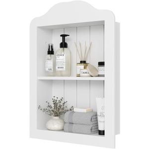CJL 14'' x 18'' Recessed Medicine Cabinet, Solid Wood in-Wall Bathroom Cabinet, Arched Wall Niche Shelf, 2-Tier, White