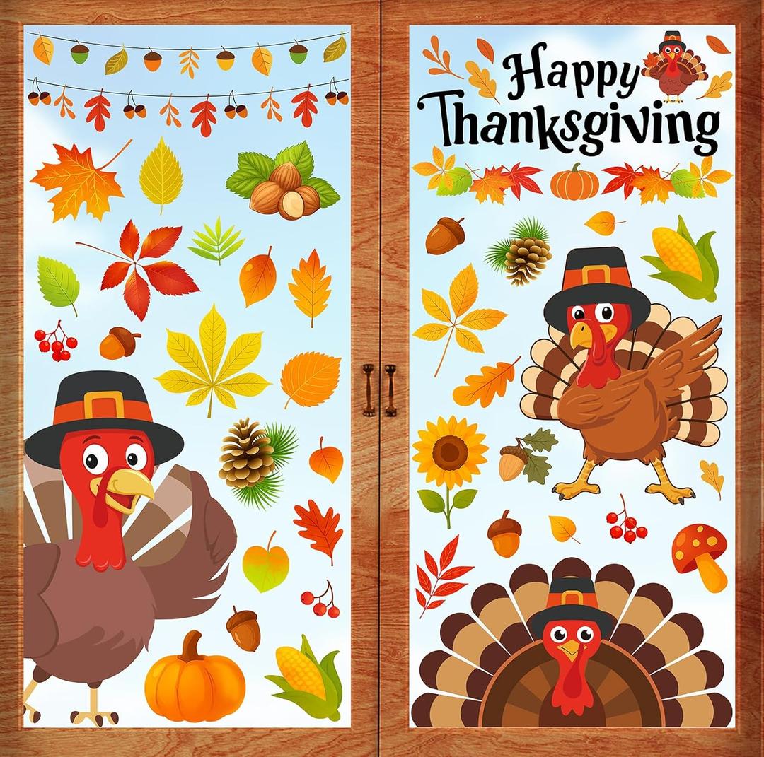 5 x Thanksgiving Window Clings - 9 Sheets 114 Pcs Thanksgiving Decorations for Fall Autumn Harvest Home Party, Pumpkin Leaves Turkey Acorns Stickers for Glass, Double-Sided Static Window Decals