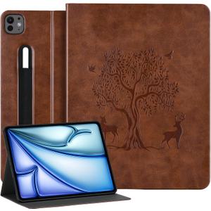 HFcoupe for iPad Air 13 inch Case M3/M2 (2025/2024) & iPad 12.9 Cases 6th/5th/4th Generation with Elastic Pencil Holder, Auto Wake/Sleep Cover Magnetic Closure, Embossed Lucky Tree Design, Tan (Brown)