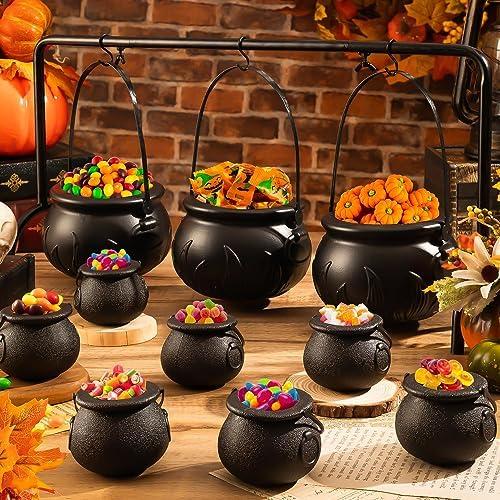 YGAOHF Cauldron Halloween Decor - Set of 10 Plastic Witches Cauldron Serving Bowls on Rack, Spooky Candy Bucket for Indoor Outdoor Home Decorations, Black