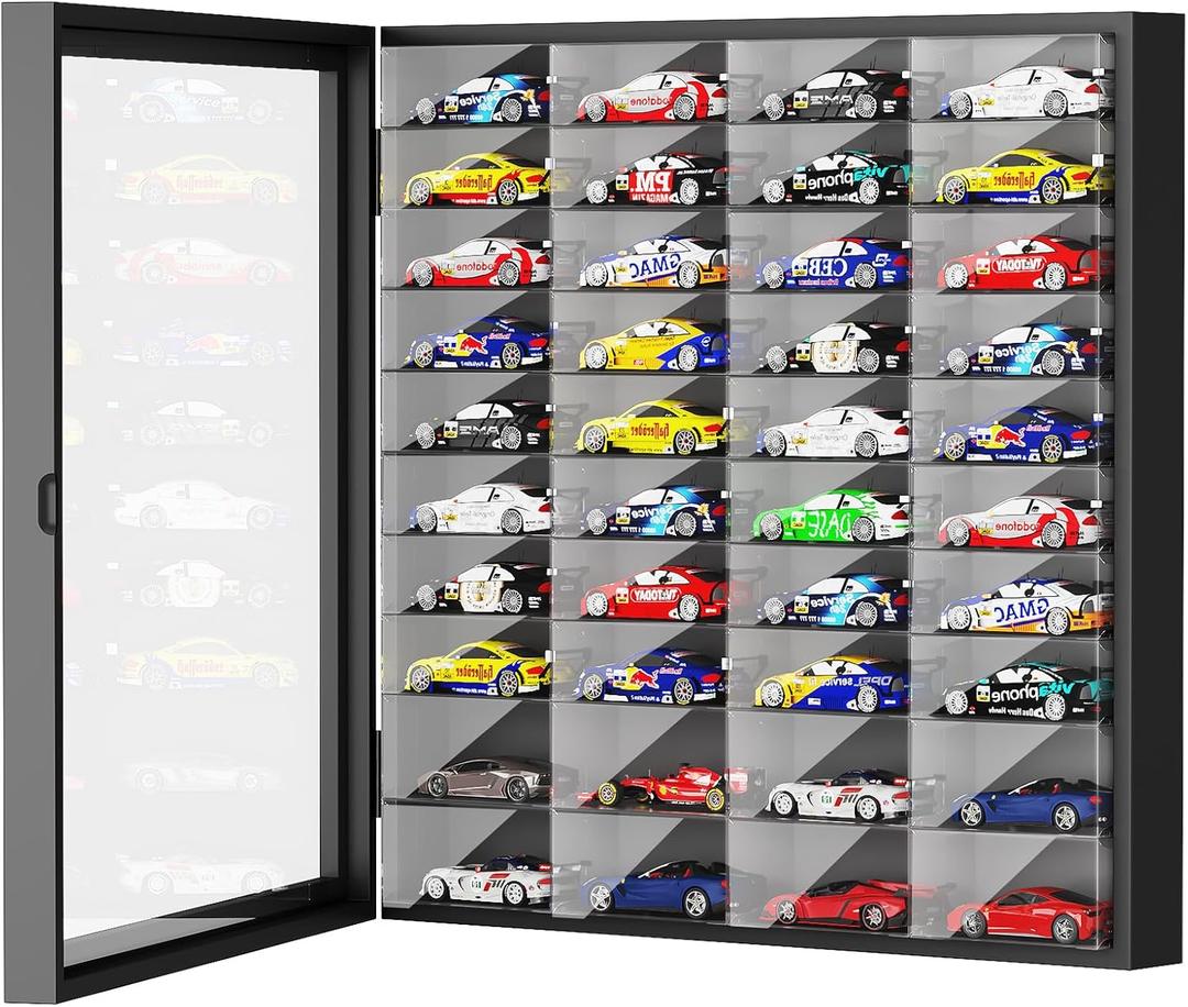 NiHome 1:64 Model Car Display Case for 40 Cars, Magnetic Flip Cover with Clear PVC Dustproof Boxes, Wall Mount or Desktop Shelf, Black Pine Wood Collector Storage for Hot Wheels (Cars Not Included)