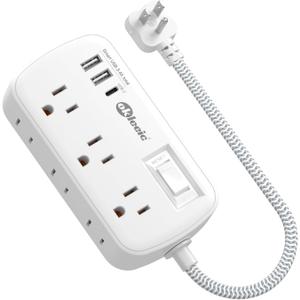 Short Extension Cord 1 ft - Flat Plug Small Power Strip Surge Protetor with 6 Outlets 3 USB (5V/3.4A 17W) Charging Ports, Multi Plug Wall Outlet Splitter for Home Office Dorm Roomc, White