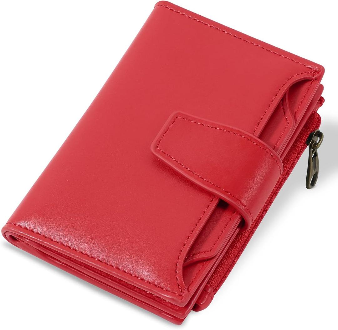 Small Wallet Women RFID Blocking PU Leather Bifold Compact Card Holder Wallet for Women with Zipper Coin Pocket 4 ID Window (Red Wine)