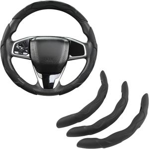 West Llama 3PCS Leather Car Steering Wheel Cover,Snap On Steering Wheel Protector Universal 99% Cars(3PCS-Black)
