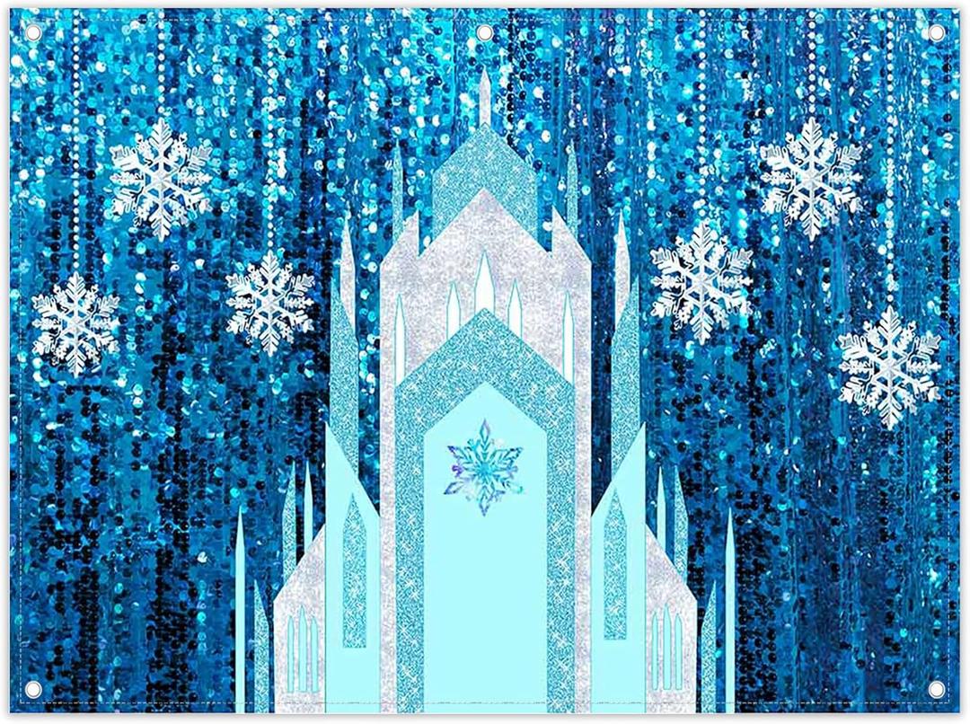 2D Digital Printing Photo 8x5.9ft Polyester Fabric Ice Snow Castle Backdrop Girl Birthday Indoor Party Decoration Princess Banner Snowflake Curtain (No Glitter No Sequin) Winter Booth Props (96x72inch)