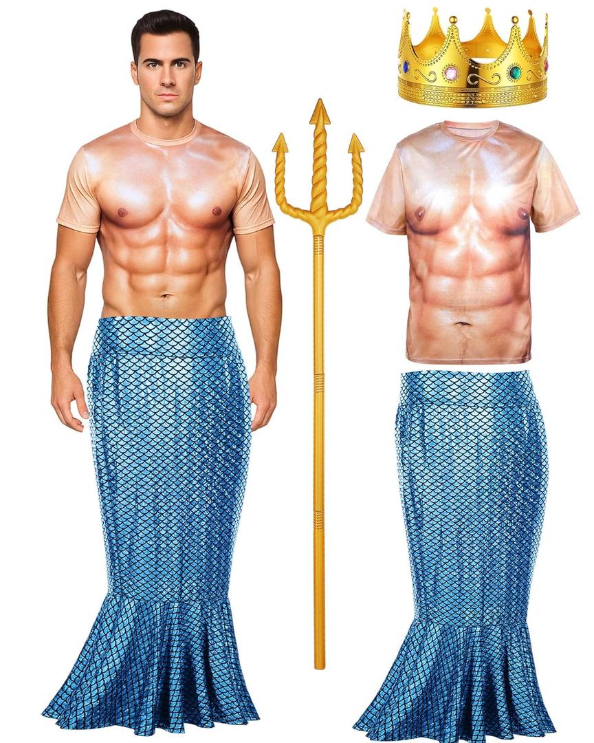 4 Pcs Halloween Poseidon Costumes Muscle T-Shirt Merman Dress Crown Trident for Sovereign Sea Cosplay (Medium)