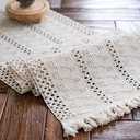 Alynsehom Macrame Table Runner Cream Beige Boho Table Runners with Tassels Hand Woven Cotton Table Runner Rustic Farmhouse Table Runners for Bohemian Kitchen Dining Table(12x95in)