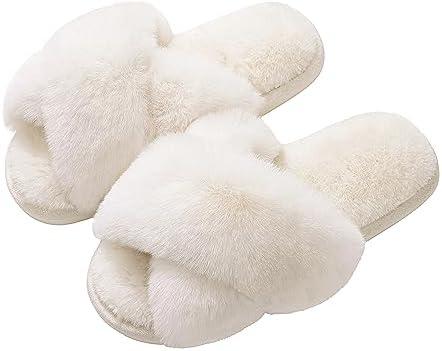 Evshine Women's Fuzzy Slippers Cross Band Memory Foam House Slippers Open Toe, Size 42-43
