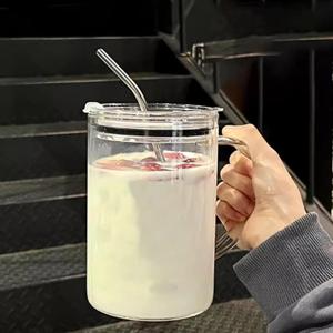 Glass Water Cup with Handle - 32 oz, Clear Mug with Lid and Straw Thick Transparent Mug for Coffee, Milk, Juice, Perfect for Office and Live at Home Use