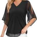 Blouse for Women Dressy Casual Summer Chiffon 3/4 Sleeve Tops Business Work Shirts Double Layered Tunic Evening Party (Medium, Black)