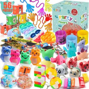 56 Pcs Party Favors Toys for Kids 4-8 8-12 3-5, Treasure Chest Box Toys Classroom Carnival Prizes Small Bulk Pop Fidget Toys Pack Pinata Stuffers Birthday Gifts Goodie Goody Candy Bags Fillers