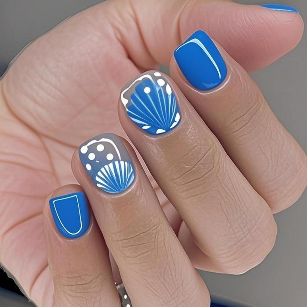 2 x Short Nails Press on Square Blue Fake Nails False Nails with Shell Polka Dots Designs Summer Acrylic Nails Beach Nails Full Cover Glossy Glue on Nails for Women Girls 24Pcs
