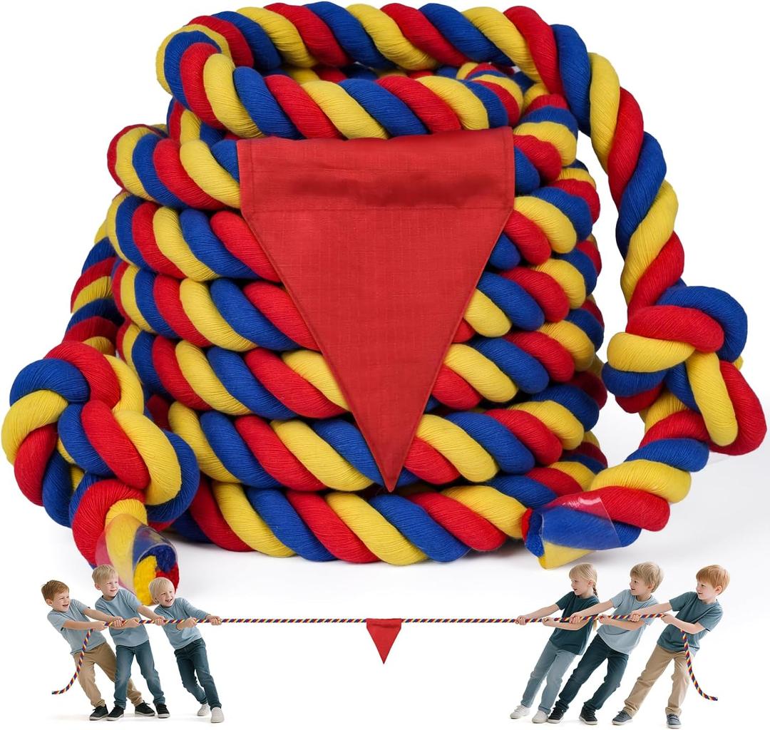 X XBEN Field Day Tug of War Rope for Kids and Adults, 35FT Jump Rope Family Reunion Birthday Party Games, Summer Outside Lawn Games, Perfect for Team Building Activities (Red&blue&yellow)
