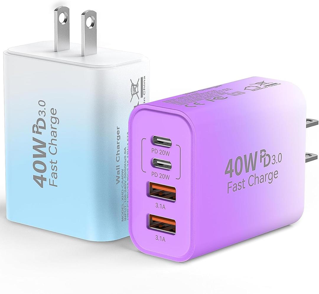 USB C Wall Fast Charger Block, 40W 4-Port Type C Chargers Fast Charging Blocks PD Power Chargers Adapter+QC 3.0 USB Multiport Charger Brick for i-Phone 16/15/14/13 Pro Max, i-Pad, Galaxy S24/23-2Pack (Purple Gradient+Blue Gradient)