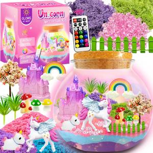 Unicorn Terrarium Kit for Kids, Unicorn Toys for Girls Age 4-6, Arts and Crafts Birthday Gift for Kids Ages 4 5 6 7 8 9 10 Year Old, Unicorn Academy Toys with Remote LED Night Light