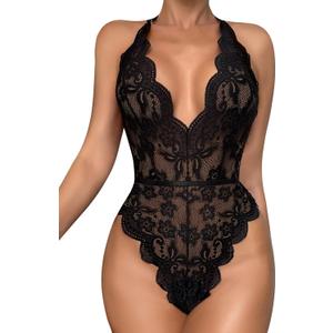 Dlsave Sexy Lingerie for Women,Deep V-Neck Lace Bodysuit Bridal Lingerie Backless One piece Teddy Body Suits Tops Wedding (Large, A2-black)