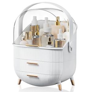 BTGGG Makeup Organizers, Make Up Organizer for Vanity, Countertop Cosmetic Storage with Drawers and Transparent Cover for Bedroom Bathroom, White
