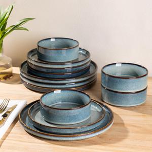 GBHOME Ceramic Dinnerware Sets for 4, 12 Pieces Stoneware Plates and Bowls Sets, Reactive Glaze Dishes -Scratch Resistant, Dishwasher&Microwave Safe (Space Blue)