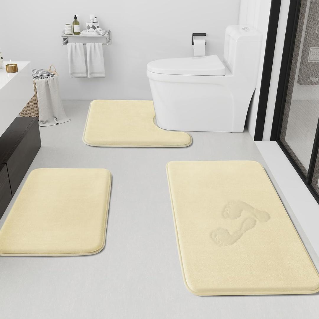 HUXMEYSON Bathroom Rugs Sets 3 Piece, Non-Slip & Quick Dry Bath Mat Set, Ultra Soft Velvet Bath Rugs for Bathroom, Toilet and Shower Floor, Cream Yellow (17"x24"+20"x32"+U Shape 20"x24")