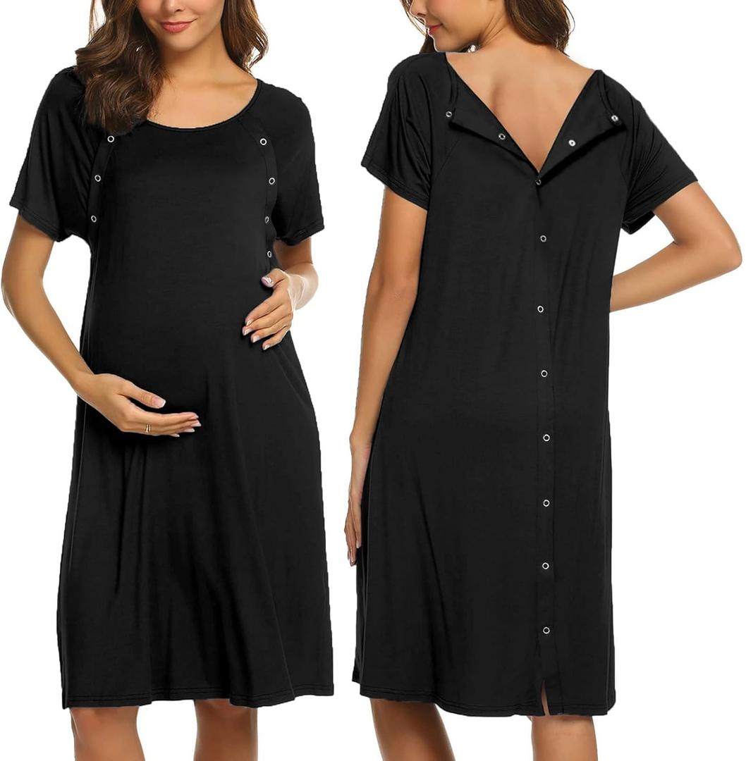 Ekouaer Womens Nursing/Delivery/Labor/Hospital Nightdress Short Sleeve Maternity Nightgown with Button, Size: XL (Black)