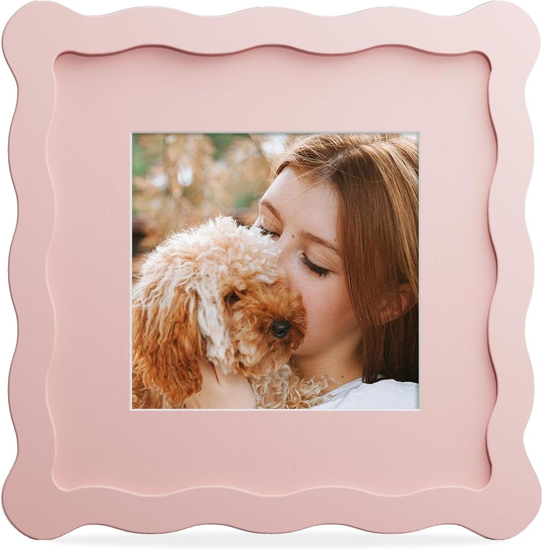 6x6 Picture Frame with Mat for 4x4, Wavy Edge Wooden Real Glass Photo Frame for Tabletop and Wall Hanging, Pink, 1 Pack