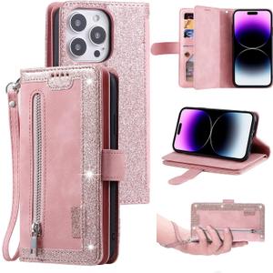 UEEBAI Wallet Case for iPhone 14 Pro 6.1 inch, Retro 9 Card Holder Slots Zipper Pocket Handbag Case Magnetic Closure Kickstand with Wrist Strap TPU Shockproof Flip Case - Rose Gold