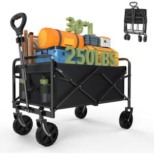 Collapsible Wagon Cart Foldable, 30" L Folding Beach Wagon with All-Terrain Wheels, Shopping Cart with 250lbs Capacity, Portable Camping Wagons Carts for Grocery Garden and Sports, Black (30 IN)