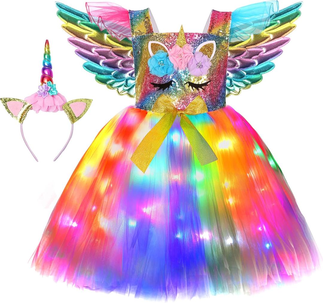 Cuteshower Unicorn Tutu Costume for Girls Halloween LED Light Unicorn Dress Birthday Party Outfit Princess Dress with Wings Rainbow (5-6 Years) 