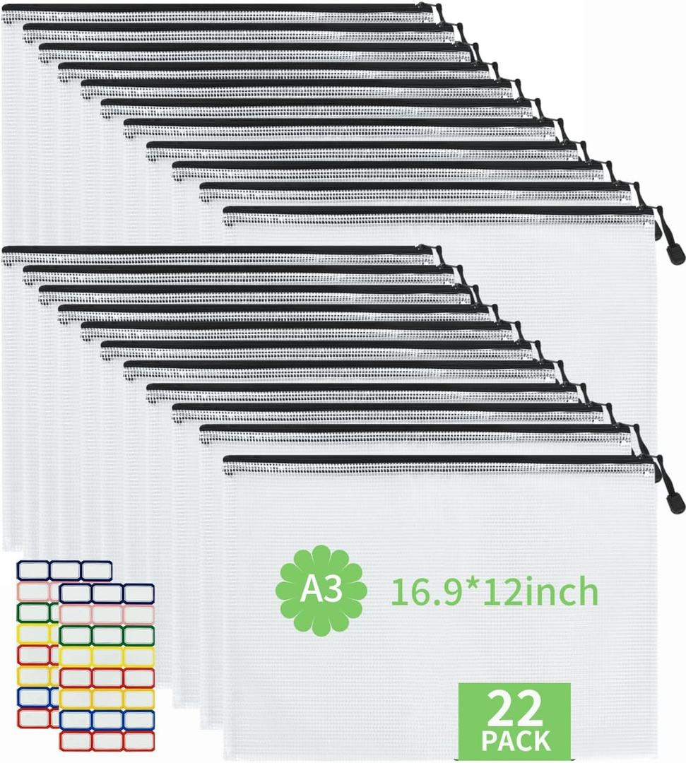 Vuzvuv 22Pcs A3 Size-16.9"x 12" Large Mesh Zipper Pouch with Label Sticker, Plastic Document Mesh Bag for File Board Game School Office Home Travel Storage43cm30cm (Black White-a3)