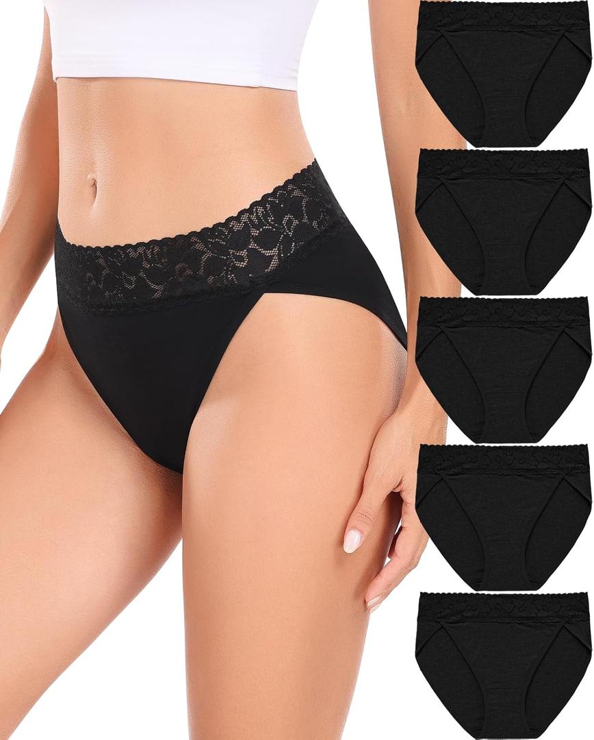 RHYFF Womens Underwear Cotton Bikini Panties High Cut Lace Panty Stretch Hipster Underpants Ladies Briefs XL (Black)