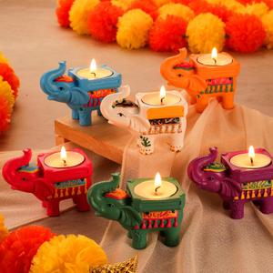 Mumufy Diwali Return Gifts for Pooja Elephant Tealight Candle Holder Resin Tea Light Holder for Home Decor Varalakshmi Pooja Decor Traditional Indian Diwali Housewarming Onam Return Gift Item