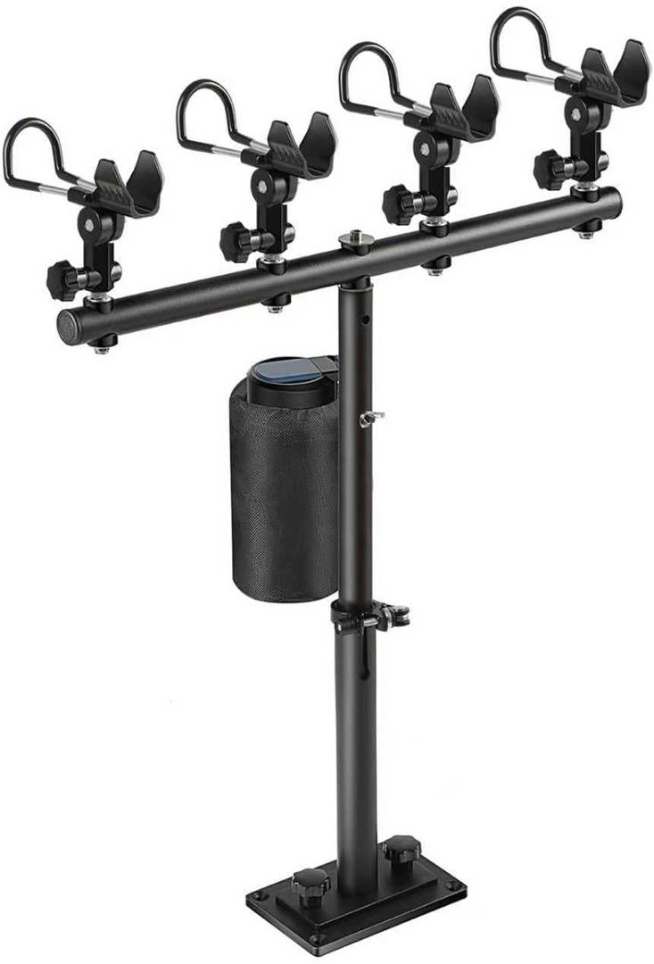 Inshore Rod Holder for Boat, Adjustable Height & 360 Tangle-Free Rotation Gunnels, Aluminum, Includes Cup & Gear Pouch (4 Rod Holder)