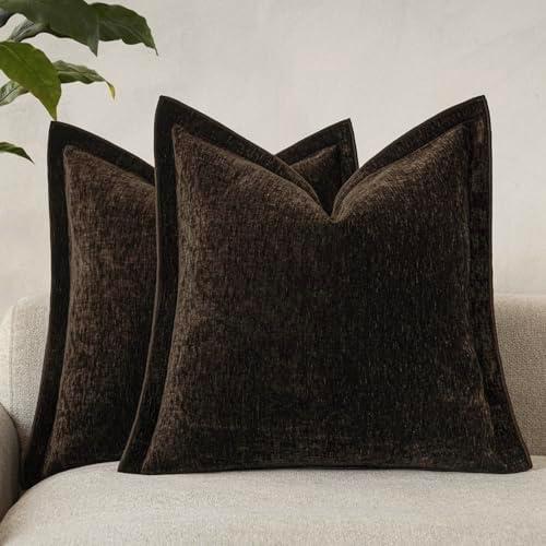 vivrudil Decorative Chenille Luxury Throw Pillow Covers with Wide Edge, Textured Solid Pillowcases, Soft Velvet Cushion Cover Home Décor for Couch Sofa Living Room, 18×18 Inch, Set of 2, Dark Brown