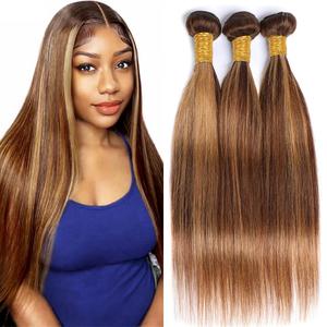 P4/27 Straight Honey Blonde Highlight Tow Tone Human Hair Bundles 3 Bundles Straight Hair Brazilian Virgin Human Hair Extensions Unprocessed Hair Bundles for Women 24 26 28 Inch 300g