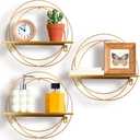 3 Pcs Gold Floating Shelves Wall Mounted Hanging Shelf with Gold Metal Wire and Wood, Foldable Round Shelf Wall Decor for Storage Bedroom Bathroom Living Room Kitchen Office Home Decoration