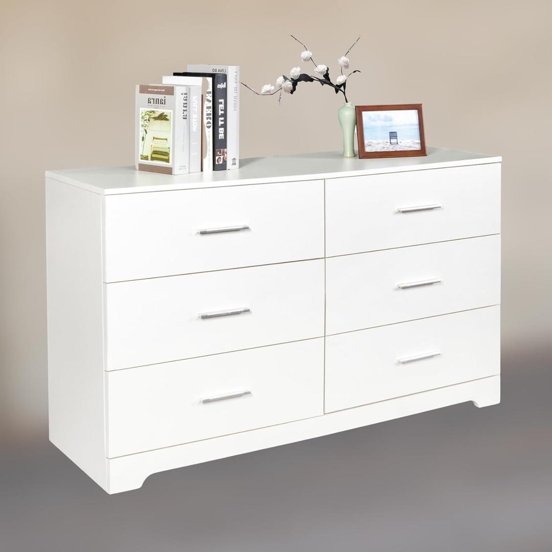 Karl home White Dresser for Bedroom, Wooden 6 Drawer Dresser Chest of Drawers, 47 Inch Dresser Bedroom Furniture, Large Dresser Storage Chest with Deep Drawers, TV Stand, 47.2" X 15.7" X 27.6"