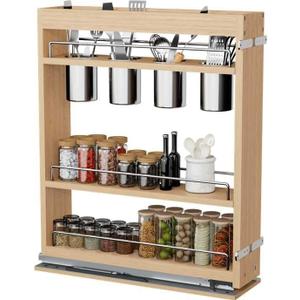 DINDON Pull Out Spice Rack Cabinet Organizer, (5" W x 21.9" D x 25.2" H) Multi-Use Soild Wood Pull Out Cabinet Organizer With 4 Movable Stainless Steel Cutlery Storage Buckets for Kitchen Organization