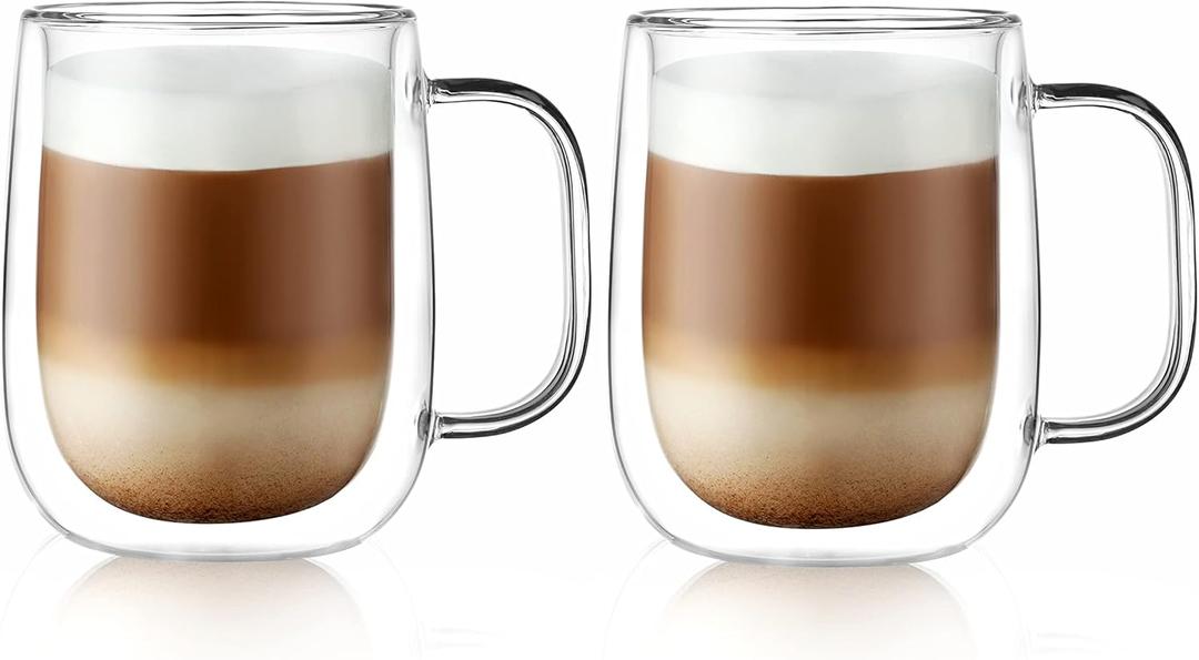 CNGLASS Large Double Wall Glass Coffee Mug 15.2oz,Clear Insulated Glass Espresso Cup with Big Handle, Set Of 2