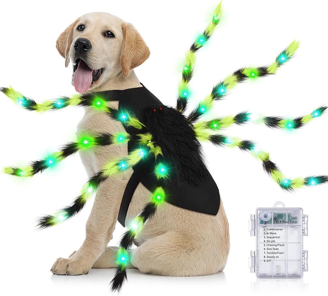 JaGely Halloween Costume for Dog, Dog Spider Costume with 64 LED Lights, Light up Furry Outfit for Medium Large Dogs Funny Cosplay Halloween Party (Green)